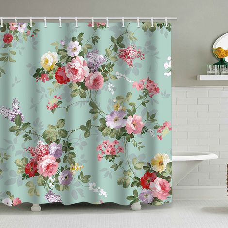 Duschvorhang (150 x 180 cm) mit Blumen- und Blattmuster, Aquarell-Blumenmuster in Pastellfarben, wasserdichtes Polyestergewebe für Badezimmer, inklusive 12 Haken