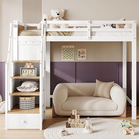 Etagenbett 205x153.5x166 cm Weiß/Natur aus Kiefer und MDF mit Schreibtisch, Stauraumtreppe und Sicherheitsgeländer (1/5)
