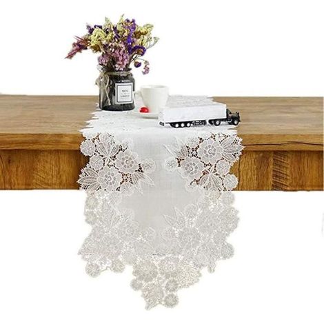 Chemin de Table en Dentelle Blanche avec Broderie Florale pour Commode, écharpe, Manteau, étagère, napperon, Mariage, 35x160cm (1/4)
