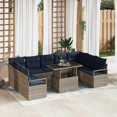 Ensemble Canapé de Jardin Modulaire 10 pcs en Poly Rotin avec Table Gris et Bleu Marine - PANGIVO (1/5)