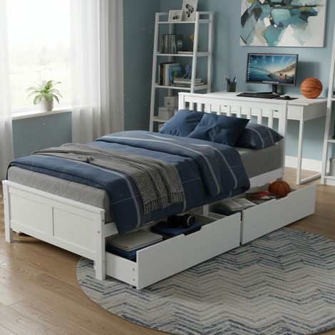 Lit en bois, lit simple, lit enfant, lit adulte, avec tiroirs de rangement, cadre en pin, blanc (90x200cm) (1/4)