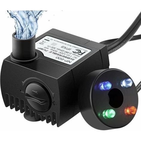Pompa per acquario con 4 luci LED colorate, 300 l/h, resistente al funzionamento a secco (48 ore), per laghetti, fontane e giardini, funzionamento silenzioso. (1/4)