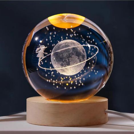 Boule De Cristal - Veilleuse Avec Base En Bois - Ciel Étoilé 3D - 80 mm - Pour Chambre Salon Bureau - 1 Pièce (1/5)