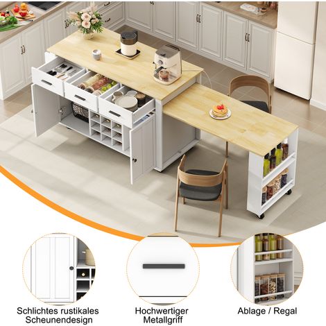 Îlot de cuisine escamotable avec plan de travail rétractable, chariot de cuisine à rangement, 136(223)x50x93 cm, table mobile avec 3 tiroirs, porte-bouteilles, prise USB et 7 roulettes, blanc/chêne (1/5)