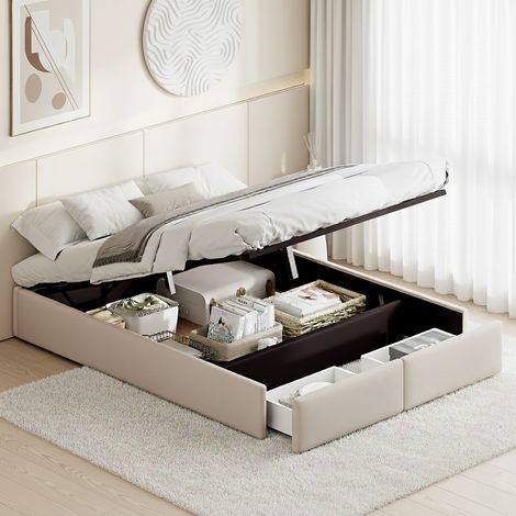 Lit coffre 140x190 cm avec rangement, 2 tiroirs, sommier à lattes, sans tête de lit, Lit double de style scandinave, Beige