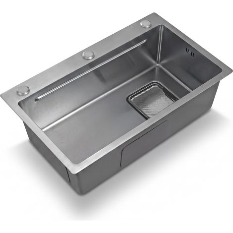Évier de cuisine encastrable en acier inoxydable 75 x 45 cm avec planche à découper et panier filtre (1/5)