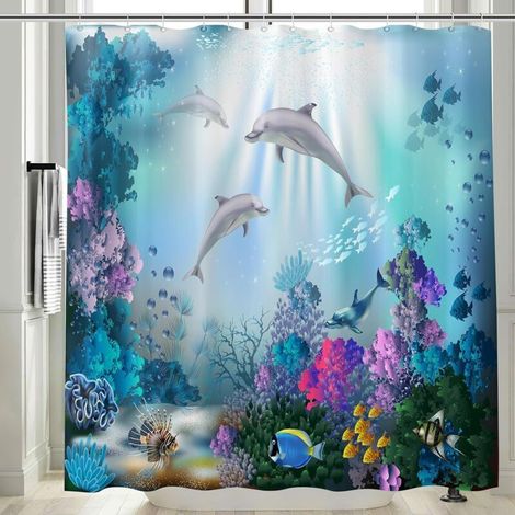 180 x 200 cm langer Duschvorhang aus Stoff mit Delfinmotiv, schimmelresistent, 3D-Druck in Meeresblau, wasserdichtes Polyester - Crezuo (1/4)