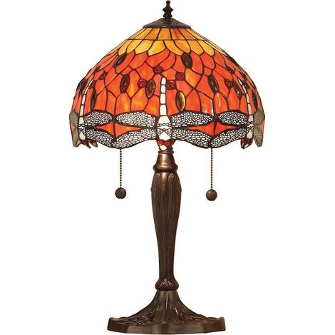 Interiors Dragonfly Flame - Lampada da tavolo piccola a 2 luci Bronzo scuro, rosso, vetro stile Tiffany, E27 (1/3)