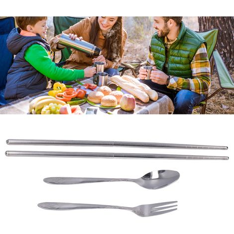 Ensemble de vaisselle portable trois pièces en acier inoxydable comprenant cuillères, baguettes, fourchettes, porte-stylo et plus encore. (1/5)