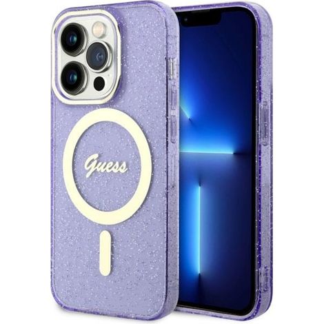 Funda rígida Guess GUHMP14LHCMCGU para iPhone 14 Pro de 6.1 pulgadas, color morado/morado, con purpurina dorada y MagSafe. (1/5)
