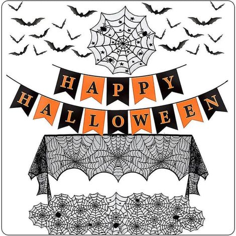 Décorations d'Halloween pour l'intérieur, kit de décoration pour la maison, les fêtes et la cuisine, chemin de table en forme de toile d'araignée et banderole d'Halloween. (1/5)