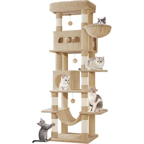 170 cm Grand Arbre à Chat, Tour à Chat pour Chats D'intérieur, avec Grand Perchoir, Tapis Lavable, 2 Niches Chats, 8 Griffoirs, Hamac, Pompons, Marron Camel MS17018LC (1/5)