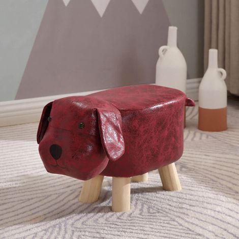 Niedrige Kinderhocker aus Holz, niedliches Cartoon-Design, kleiner hundeförmiger Hocker fürs Kinderzimmer, rot.