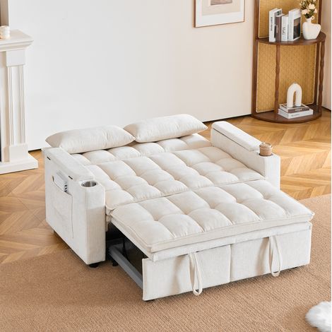Canapé-lit 3-en-1 beige de 142 cm, convertible avec fonction méridienne, coussins moelleux, 2 coussins lombaires, rangements et porte-gobelets – idéal salon, chambre ou invités CHICFURN (1/5)