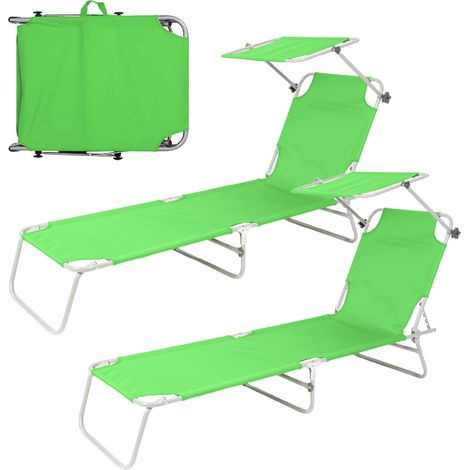 Coppia Lettini Prendisole Pieghevoli con Parasole Regolabile, Schienale Reclinabile in 4 Posizioni, Struttura in Acciaio Anti-Ruggine, Tessuto Impermeabile Anti-UV, Portata 110 kg Verde (1/5)