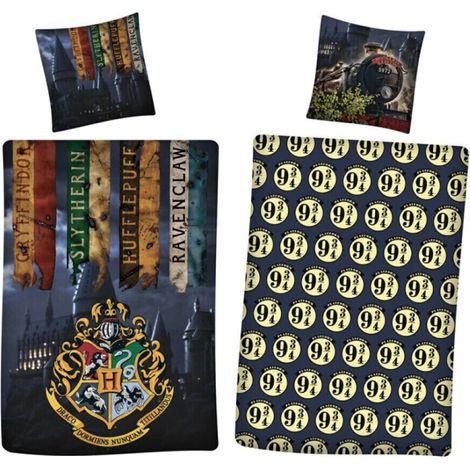 Parure de lit réversible Harry Potter - Blason Hogwarts - Gryffondor, Serpentard, Poufsouffle, Serdaigle - 140 cm x 200 cm (1/2)
