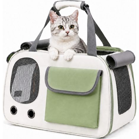Sac de transport pour chat - Tissu Oxford respirant - Pliable, large ouverture - Protection solaire et contre le froid - 45 x 26 x 28 cm -Vert et blanc (1/5)