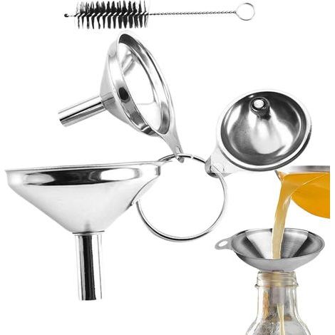Stainless Steel Funnels For Kitchen Use- Food Grade Metal Funnels With Cleaning Brush, Durable 3-Piece Set For Oil Liquid Jam Powder (1/4)