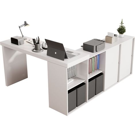 CHICFURN Scrivania angolare 140x120x78 cm in MDF bianco, girevole a 360°, con contenitori (1/5)