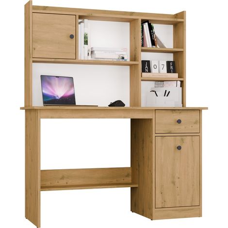 CHESTER - Bureau avec étagère supérieure - 1 tiroir, 1 placard, compartiment de rangement - 120x145x45 cm - Chêne Artisan (1/5)