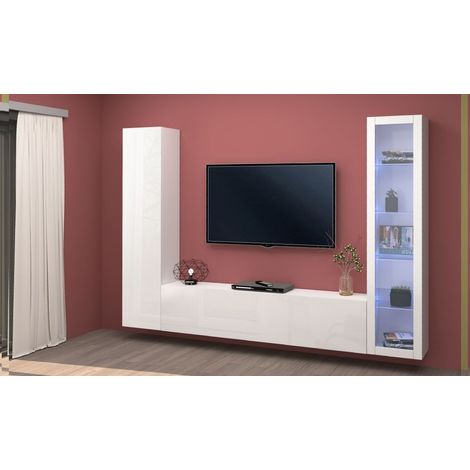Parete Soggiorno moderno, composizione bianco lucido da cm 260 con vetrina - MARUSKA
