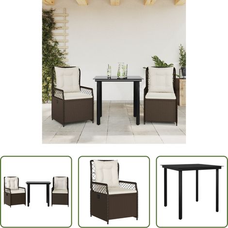 Gartenstuhl -  3-tlg. Garten-Essgruppe mit Kissen Braun Poly Rattan (1/5)