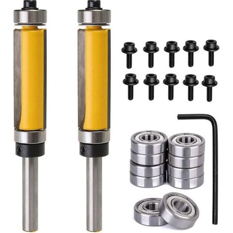 Set di 2 frese per rifilatura a filo con gambo da 1/4" con cuscinetti superiori e inferiori, utensile da taglio per la lavorazione del legno con 10 cuscinetti di ricambio per il montaggio superiore. (1/4)