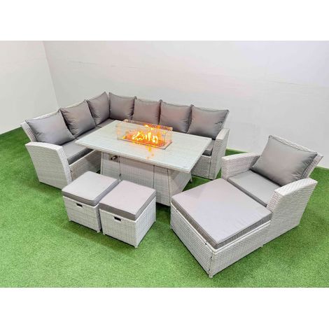 Fimous 10 Seat Rattan Garden Furniture Corner Sofa Set Outdoor Gas Fire Pit Table Sets with 3 Footstools Light Grey (1/5)