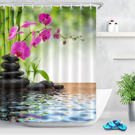 Rideau de Douche Printemps Spa orchidée en Bambou Noir Rideau en Pierre 120x175cm Tissu de Polyester résistant à l'eau Accessoires de Maison en Tissu fixé avec Crochets (1/5)