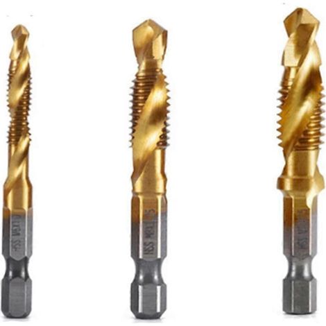 Tarauds métriques M6+M8+M10 à queue hexagonale en acier rapide plaqué titane, pour machines à vis, tarauds composés, outil de chanfreinage ouvert (1/4)