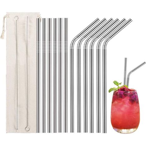 12 pièces. Pailles en acier inoxydable, pailles en métal réutilisables avec 2 brosses de nettoyage pour smoothies, milkshakes, cocktails et boissons chaudes (1/5)