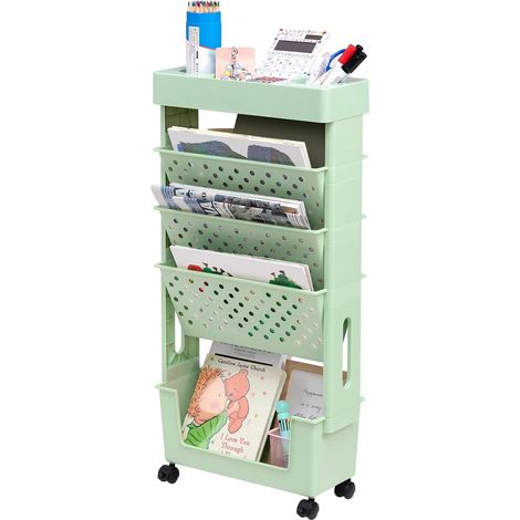 Petite Bibliothèque roulettes Mobile Livre Chariot de Rangement 5 Niveaux Étagère à Livres Chariot Roulant pour Salon Chambre à Coucher Bureau, Vert (1/5)