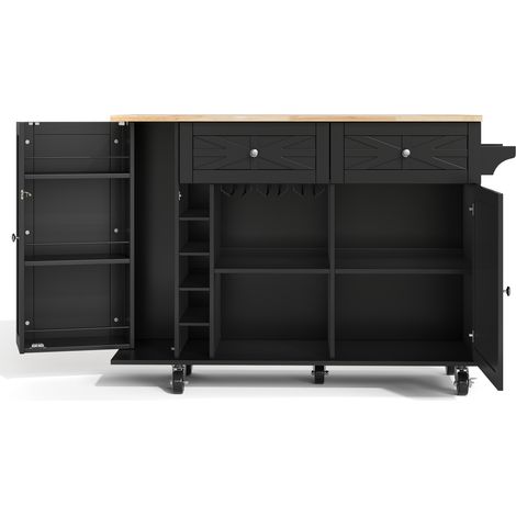Îlot de cuisine noir avec plateau rabattable, 5 roulettes verrouillables, étagères et porte-verres, 120 x 45(70) x 89 cm (1/5)
