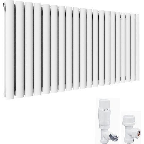 ELEGANT White Double 600 x 1190 mm Horizontal Radiator Oval Column Designer Radiator Central Heating + White Thermostatic Radiator Valves (1/5)