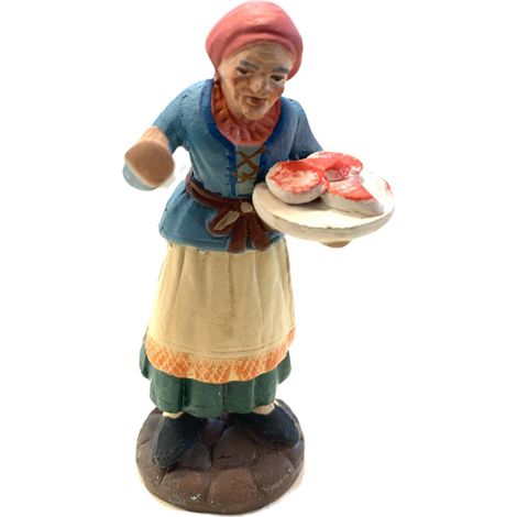 Donna con vassoio di carne statuetta in terracotta artigianale per presepe napoletano da h 10 cm