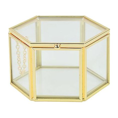 Boîte à bijoux hexagonale en verre, boîte à bijoux dorée en verre transparent, boîte à bijoux en verre transparent (1/4)