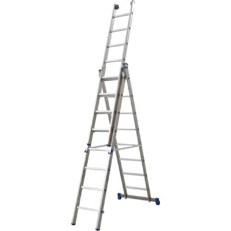 Echelle bleue professionnelle a' trois plans en aluminium 10+10+10 marches hauteur min/max 300/710 cm avec base stabilisatrice