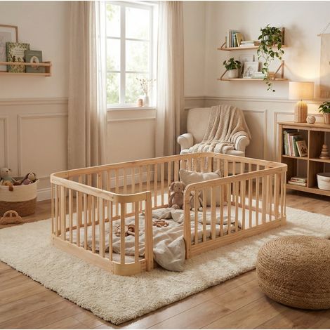 Parc pour bébé 140/200/52 cm naturel en bois reconstitué à structure modulable (1/4)