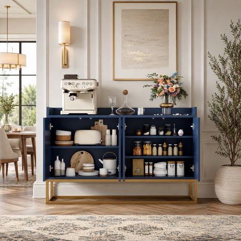 Buffet 120×30×80cm avec 4 portes d'armoire, buffet multifonctionnel avec étagères réglables, meuble de rangement de cuisine,pieds en métal, pour cuisine, salon et salle à manger, MDF, Bleu