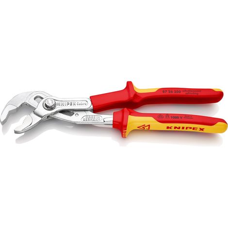 KNIPEX 87 26 250 Cobra® VDE Pinza regolabile di nuova generazione per tubi e dadi, isolata isolati con manici rivestiti in materiale bicomponente, collaudati VDE cromata 250 mm