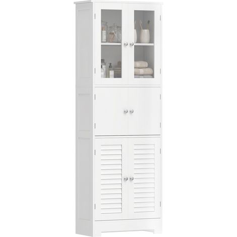 Meuble de salle de bain haut, meuble de rangement avec 6 portes dont 2 vitrées et 2 persiennes, étagère réglable, blanc (1/5)