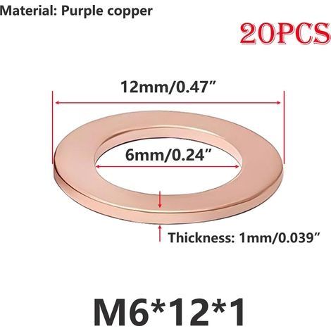 20 Pièces Rondelles en Cuivre M6 Rondelles Plates, 6mm ID 12mm OD Joints Toriques, Rondelles D'étanchéité Plates pour Vis, Boulons (1/5)