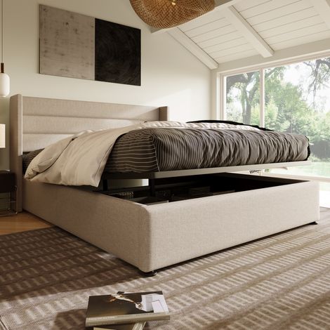 Cama con espacio de almacenamiento tapizada en lino beige 140x200 cm, somier de láminas incluido (1/5)