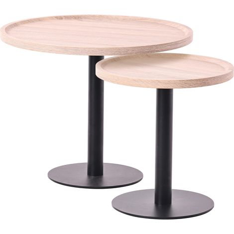 Ensemble de tables d'appoint moderne plateau rond en bois couleur chêne Ø60cm et Ø40cm pied central en métal noir 100009145