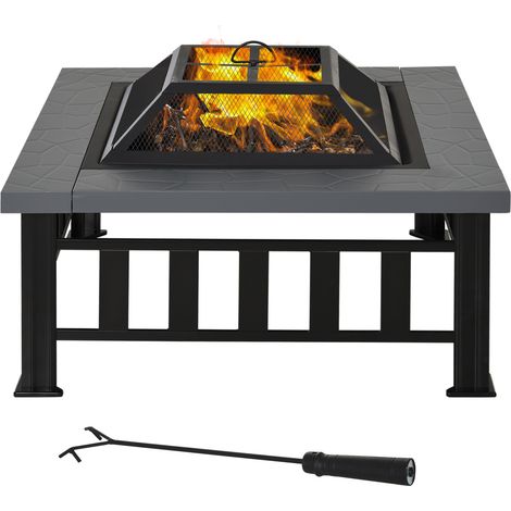 Outsunny Fire Pit Heater Square Table Patio Backyard Metal Black φ86cm Outdoor