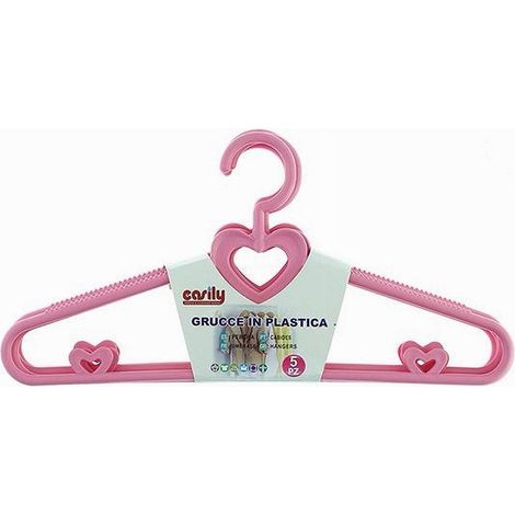 TRADE SHOP - Set 5 Pz Grucce Stampelle Con Cuori Appendiabiti In Plastica Rosa Vestiti 87679 - (1/2)