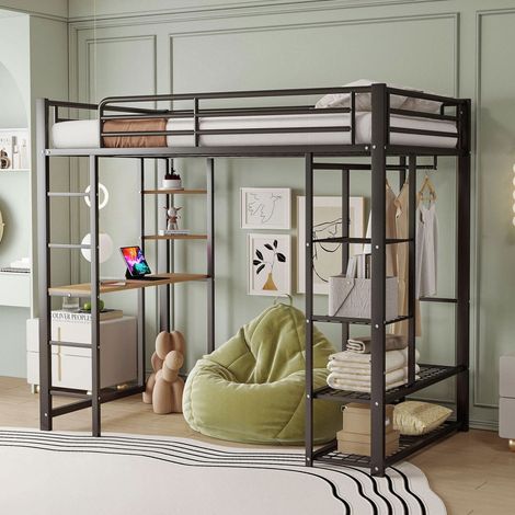 Lit Mezzanine 90x200cm - Lit Enfant 90x200 - Lit Haut en Métal avec Bureau Étagères Penderie et Échelle - Noir (1/5)