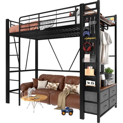 Lit mezzanine 90 x 200 cm noir en métal et MDF avec 4 tiroirs, étagères, barre de rangement, LED multicolore, prises USB/USB-C et échelle – CHICFURN (1/5)