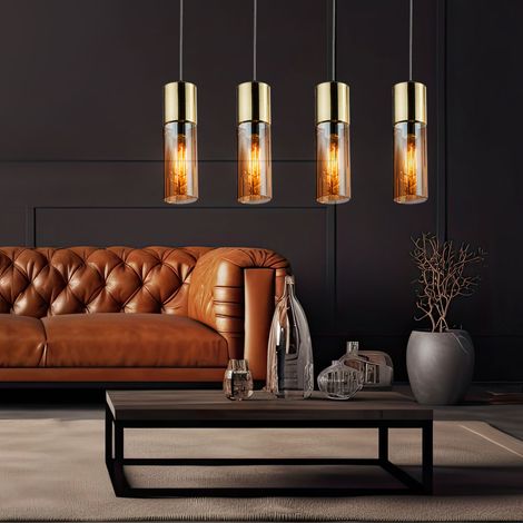 Pendelleuchte messing Esstischlampe Hängelampe Glas amber Wohnzimmerlampe, 4x E27, LxH 80x156 cm