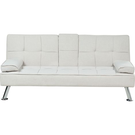 Sofá cama moderno estructura madera maciza reclinable con mesa abatible tela poliéster beige Ronne